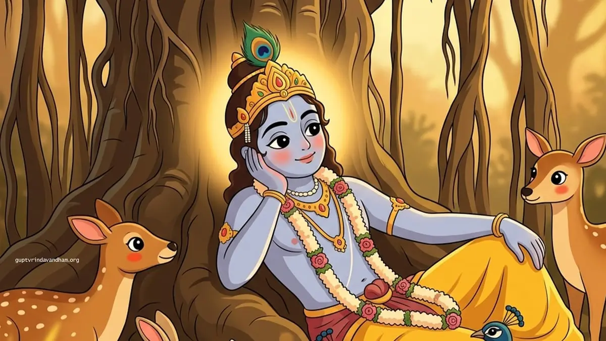 Krishna Cartoon Wallpaper with Deer and Peacock