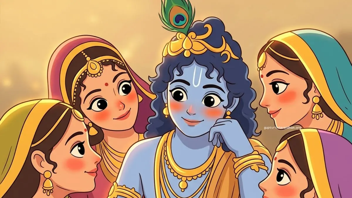 Lord Krishna Cartoon Wallpaper with Gopis