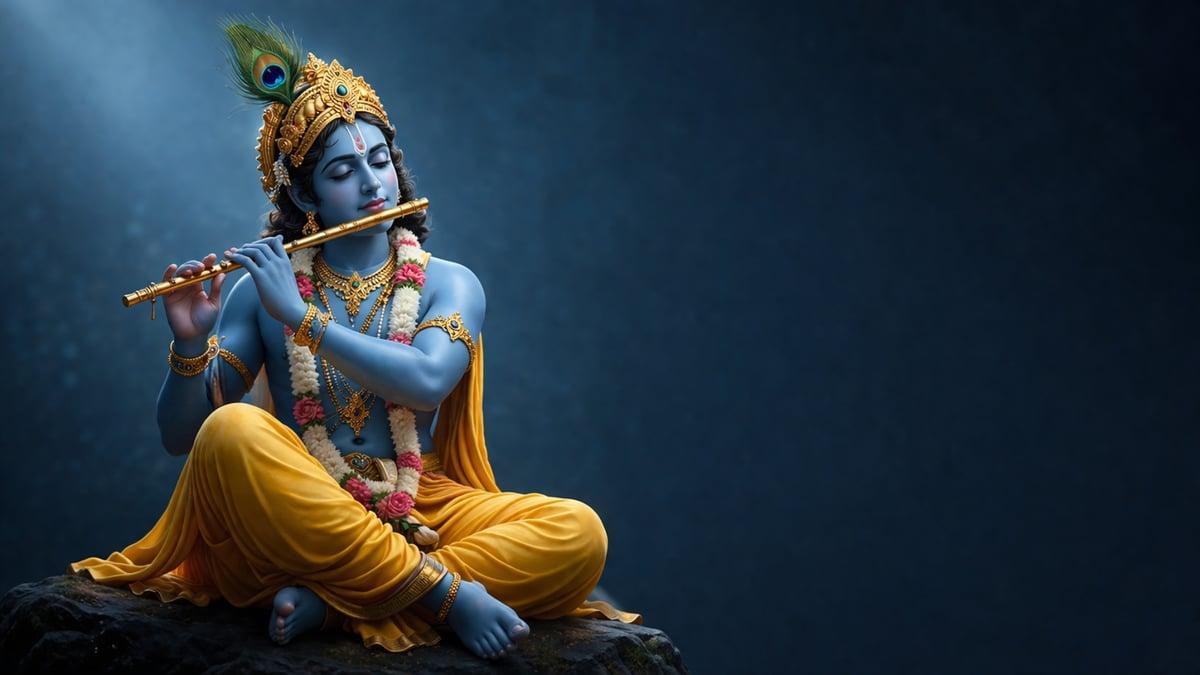 Lord Krishna Flute Night Blue Art