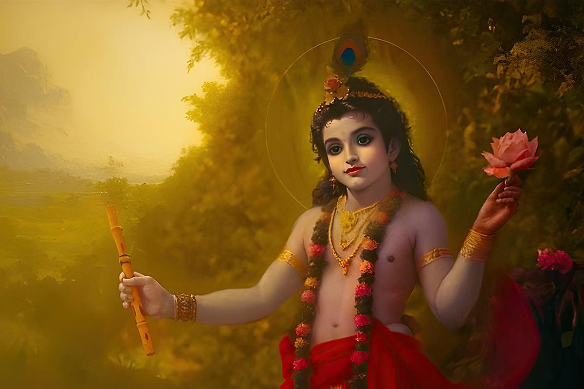 Krishna Flute Lotus Golden Wallpaper