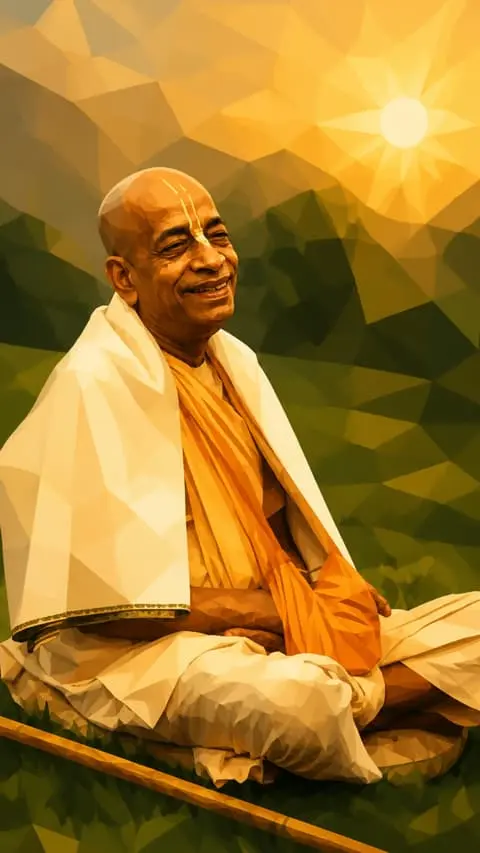 Srila Prabhupada sitting peacefully in golden sunset background