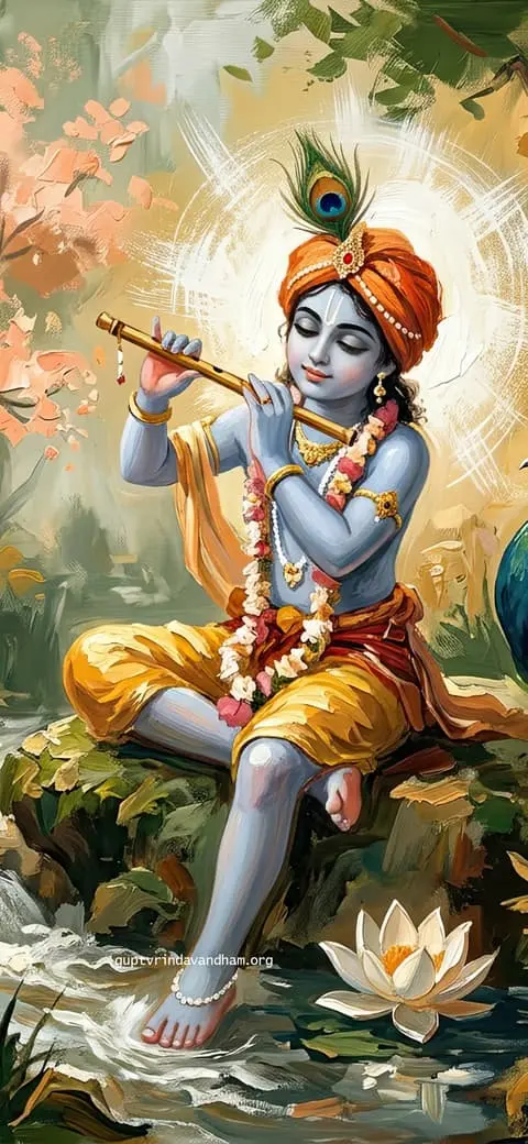 Lord Krishna Flute Wallpaper with Lotus Painting