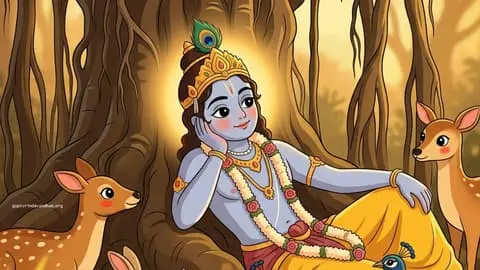 Krishna Cartoon Wallpaper with Deer and Peacock
