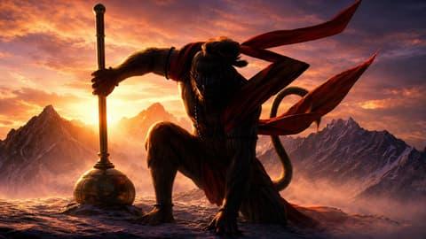 Lord Hanuman holding gada on mountain during sunset wallpaper