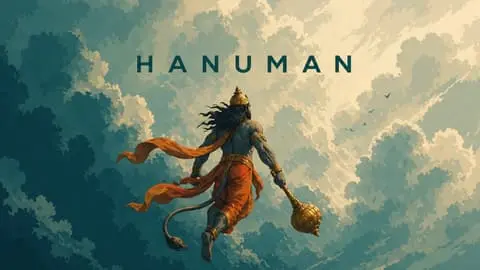 Lord Hanuman flying through clouds with gada wallpaper