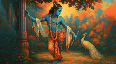 Lord Krishna standing in forest with peacock wallpaper