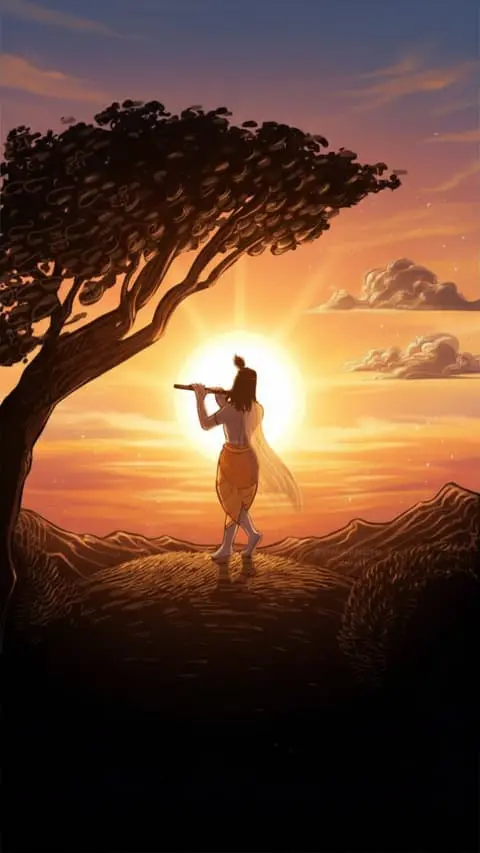 Lord Krishna Flute Sunset Art