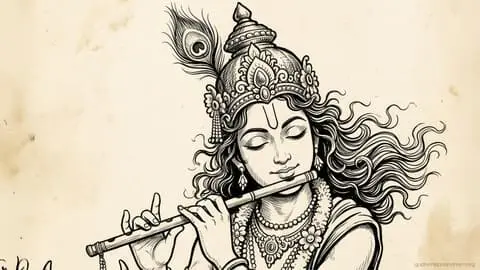 Krishna Bansuri Vintage Sketch Art