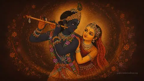 Radha Krishna Bansuri Golden Illustration Art