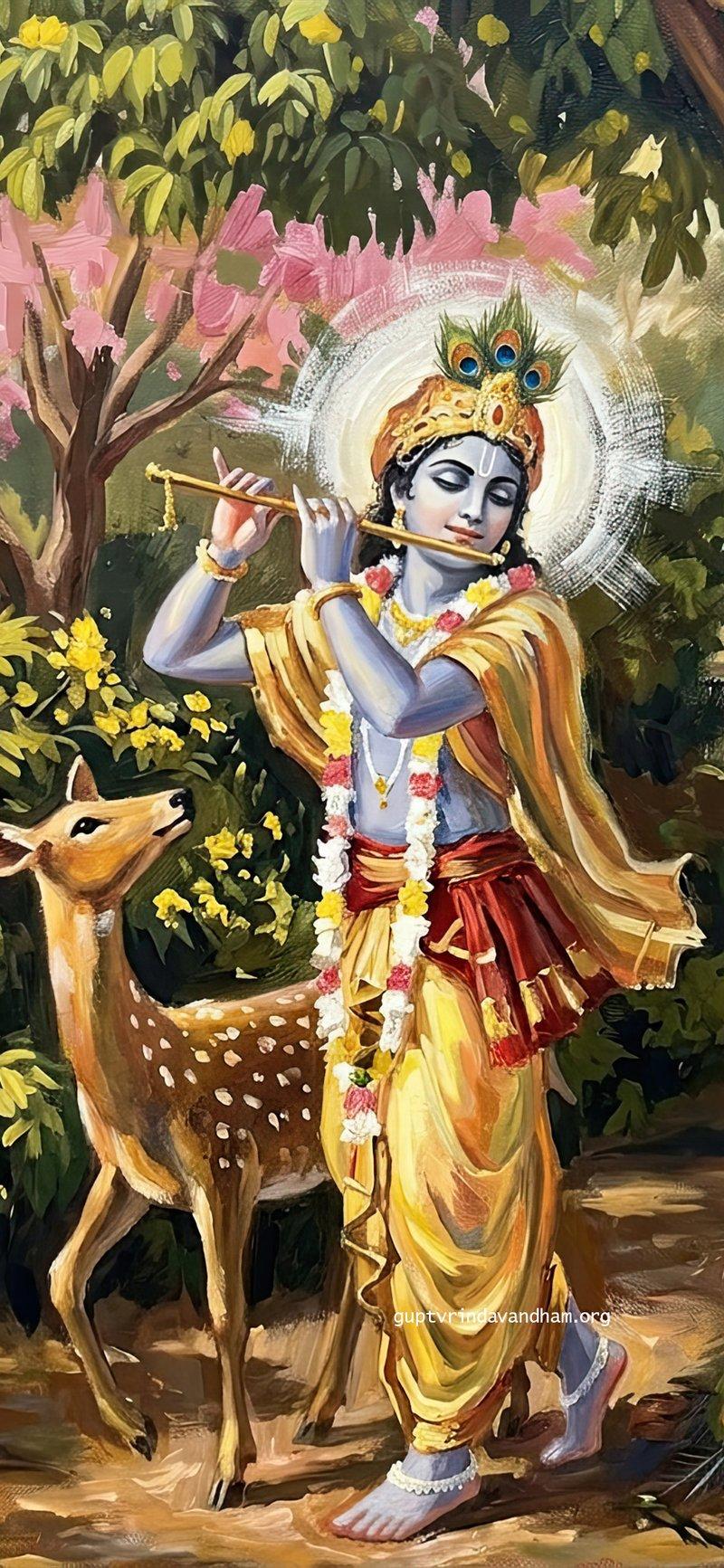 Lord Krishna Flute Wallpaper with Deer in Forest