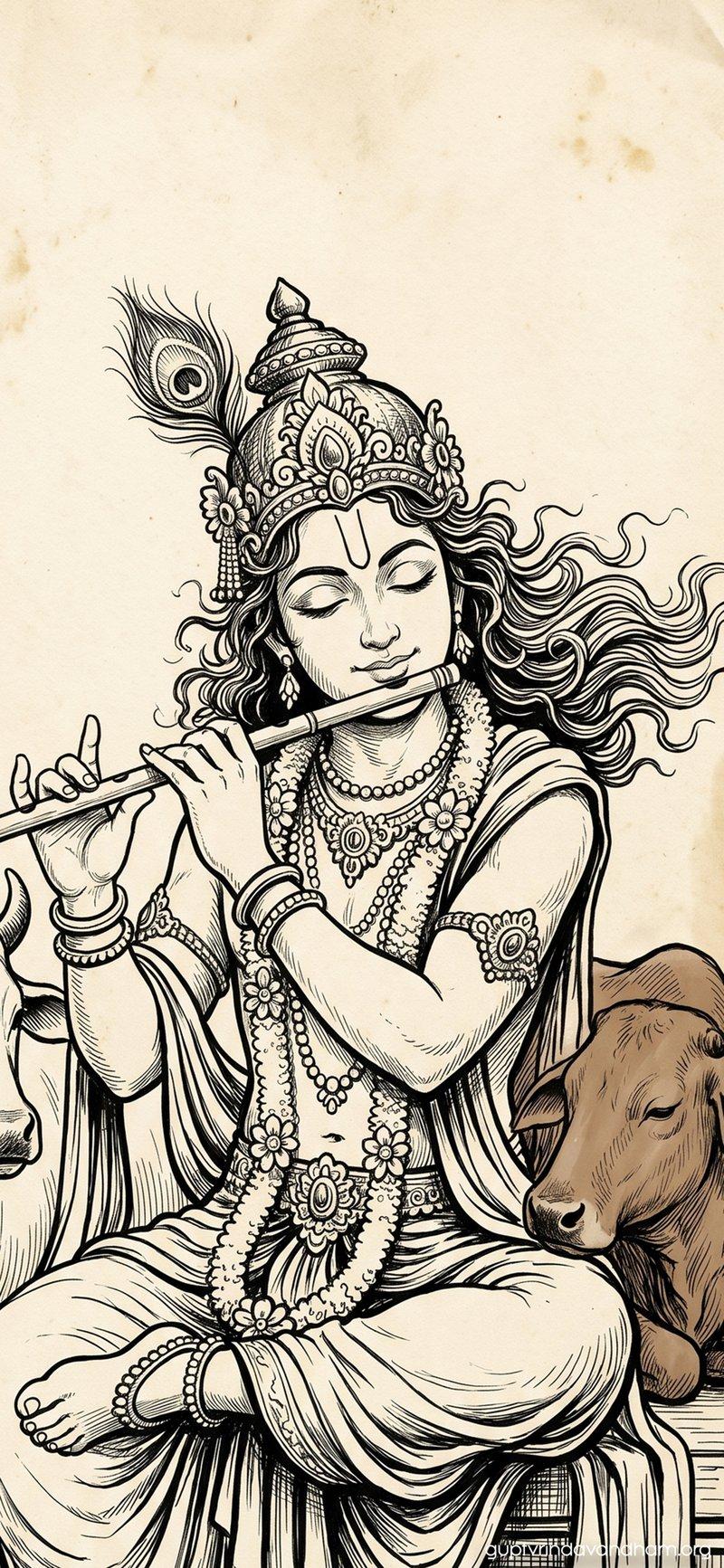 Krishna Cow Ink Sketch Art