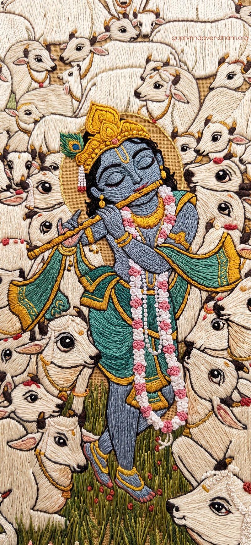 Krishna Govinda Cows Embroidery Art