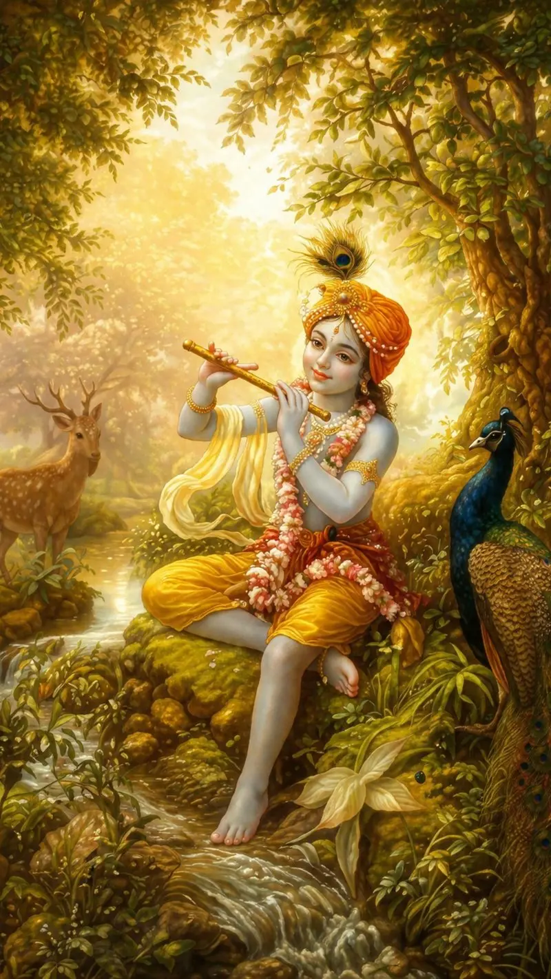 Lord Krishna Playing Flute in Vrindavan Forest