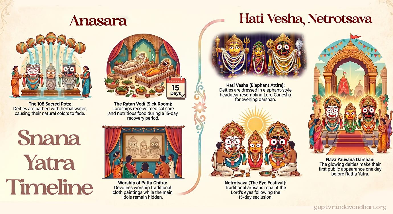Snana Yatra Timeline showing Anasara period with 108 sacred pots, Ratan Vedi sick room, Patta Chitra worship, Hati Vesha elephant attire, Netrotsava eye festival and Nava Yauvana Darshan of Lord Jagannath