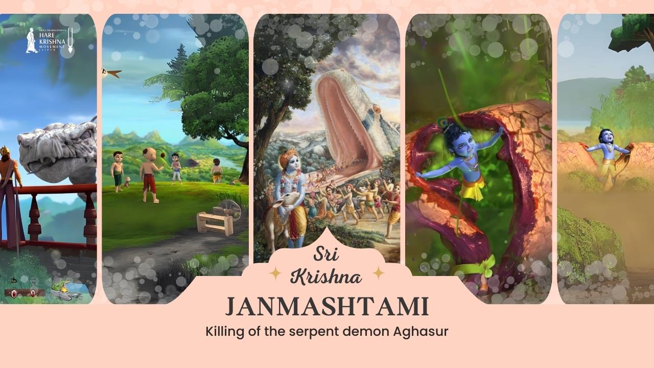 Lord Krishna defeating the demon Aghasur, who took the form of a giant serpent, showcasing the divine Aghasur Vadh pastime during Janmashtami celebrations.