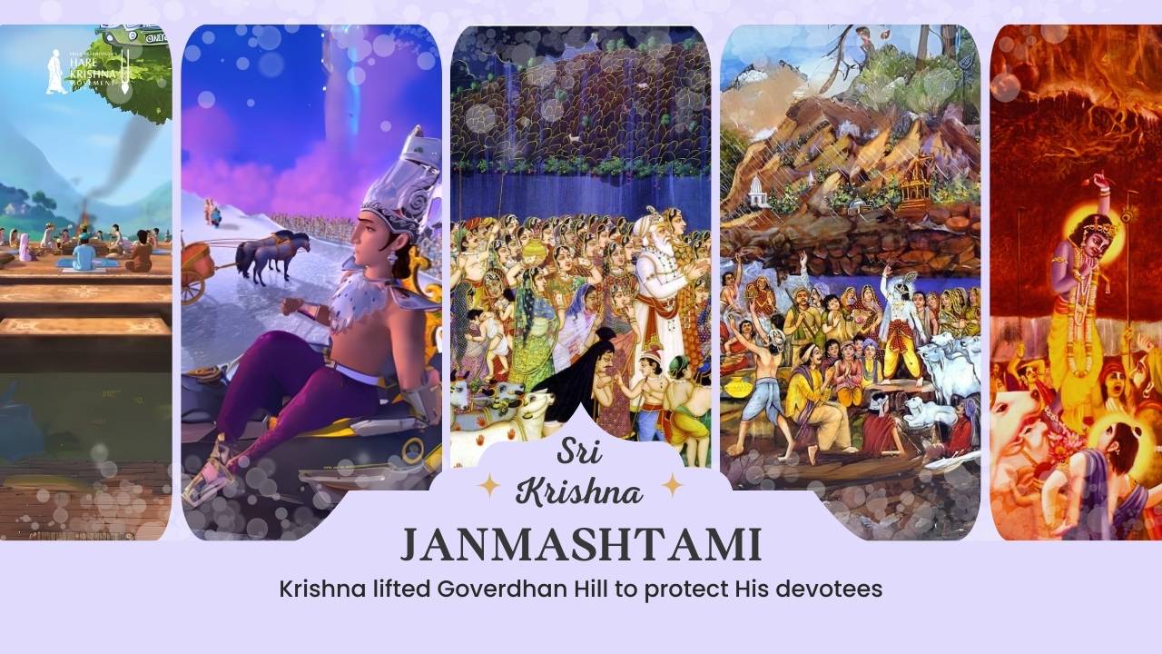 Lord Krishna lifting the Govardhan Hill to protect the residents of Vrindavan from Indra’s storm, illustrating the divine Govardhan Lila during Janmashtami celebrations.