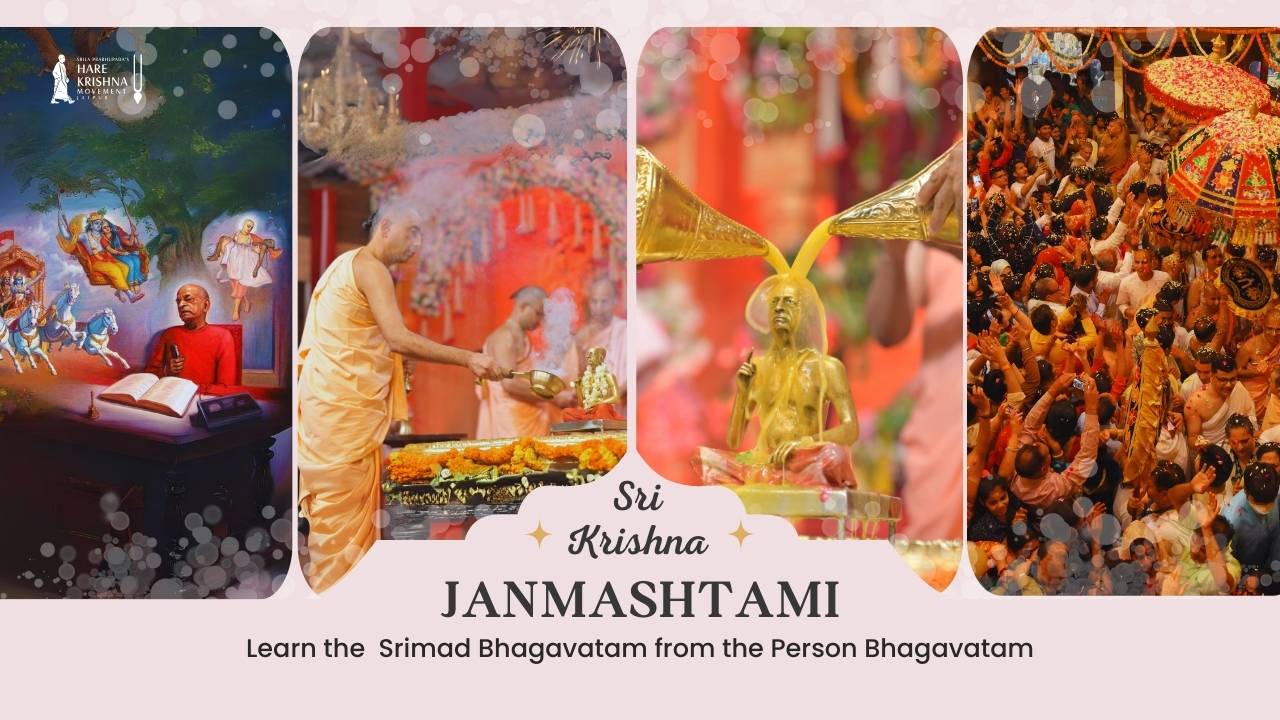 Portrait of Srila Prabhupada with teachings on the divine nature of Lord Krishna’s birth, alongside a depiction of the worldwide Janmashtami celebrations, showcasing global devotion and festivities.