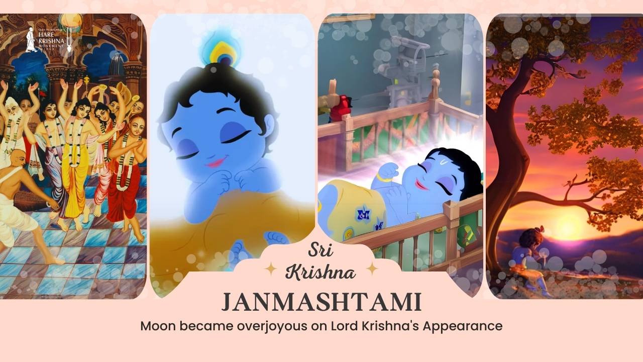 Lord Krishna’s divine appearance described as a full moon, with the moon appearing overjoyed, symbolizing the spiritual significance of Krishna’s birth during Janmashtami celebrations.