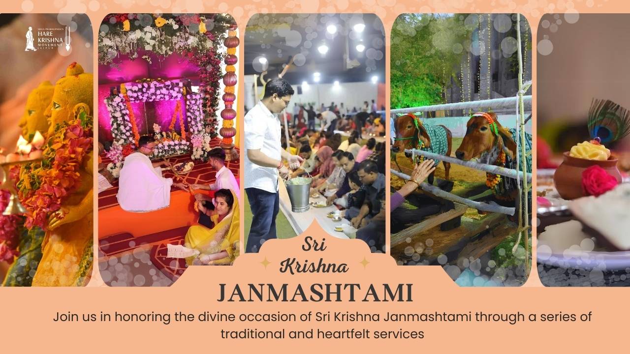 Devotees performing Janmashtami puja with offerings, chanting, and engaging in annadan, gau seva, and jhulan seva as part of the Janmashtami celebration.