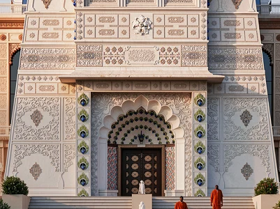 Temple entrance with a carved peacock-arch doorway